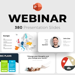 May include: A presentation slide deck with the title "WEBINAR" in large black text. The image includes slides with maps, pricing plans, speaker introductions, and business diagrams. The deck contains 380 presentation slides.