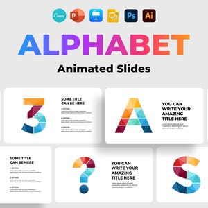 May include: A set of animated alphabet slides with colorful geometric designs. Each slide features a letter of the alphabet, with the option to add text and bullet points. The slides are perfect for presentations, reports, and other visual aids.