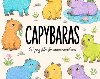 Conjunto de 26 imágenes prediseñadas PNG de capibaras adorables, ilustraciones de animales capibaras en acuarela, fondo transparente de alta resolución, uso comercial para guarderías y niños.