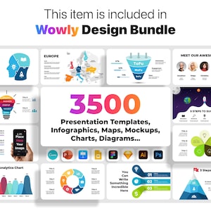 May include: A colourful infographic design bundle with 3,500 presentation templates, infographics, maps, mockups, charts, and diagrams. The bundle includes icons for Canva, PowerPoint, Adobe Illustrator, and Photoshop.