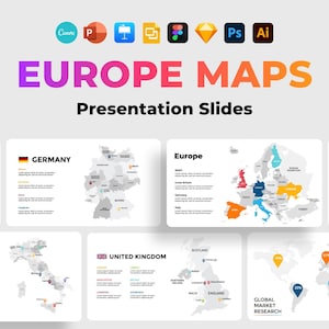 Modèle de présentation de carte de l'Europe, Cartes PowerPoint des pays européens, Allemagne France Canva, Italie Espagne Diapositives modifiables Ppt, Grande-Bretagne Pitch