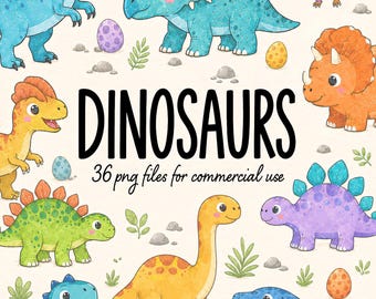 Cute Watercolor Dinosaurs Clipart Bundle, Baby Dinosaur Cliparts, Funny Dino Kids Water Color Cliparts, Transparent PNG, Commercial Use