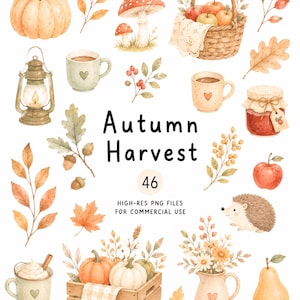 May include: A collection of watercolor illustrations featuring a pumpkin, mushrooms, a basket of apples, lanterns, mugs with hearts, a jar of jam, acorns, autumn leaves, a hedgehog, a wooden crate with pumpkins, and a pitcher of flowers with text Autumn Harvest 46.