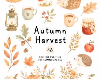 46 Autumn Harvest Clipart Set, Cozy Watercolor Fall Clip Art, Pumpkin Leaves Cliparts, High-Res Transparent PNG Illustration, Commercial Use