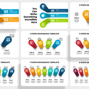 May include: A set of infographic templates with different numbers of steps, ranging from 2 to 8 steps. Each step is represented by a colourful circle with a number and a line connecting them. The circles are labelled with titles and descriptions. The templates are ideal for presentations, reports, and other visual aids.