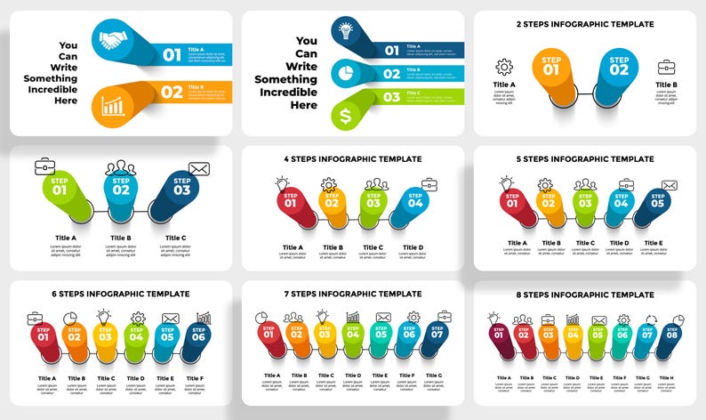 May include: A set of infographic templates with different numbers of steps, ranging from 2 to 8 steps. Each step is represented by a colourful circle with a number and a line connecting them. The circles are labelled with titles and descriptions. The templates are ideal for presentations, reports, and other visual aids.