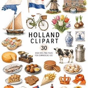 Op de afbeelding: Een verzameling aquarelillustraties met Nederlandse iconen zoals een kaart, vlag, windmolen, grachtenpanden, fiets, tulpen, klompen, kaas, koe, melkbus, wafels, friet, voetbal, vuurtoren en zonnebloemen met de tekst HOLLAND CLIPART 30.