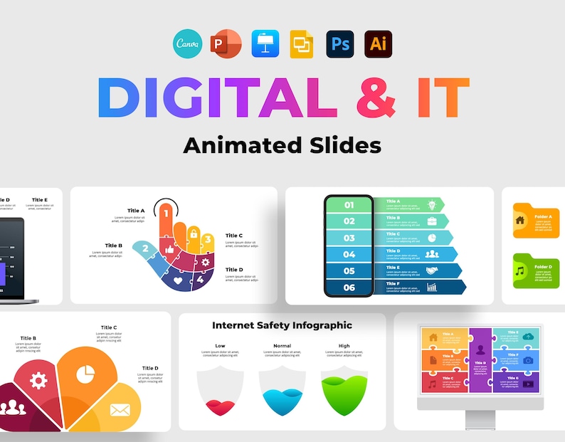 May include: A set of colorful digital and IT animated slides. The slides feature various infographic designs, including a hand with puzzle pieces, a numbered list, a folder icon, and a cloud with puzzle pieces. The text "DIGITAL & IT Animated Slides" is displayed at the top of the image.