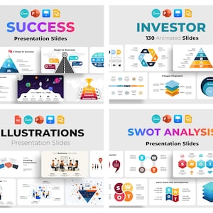May include: A collage of four presentation slide decks with different themes: Success, Investor, Illustrations, and SWOT Analysis. Each deck features colourful graphics and icons, with titles in bold text.