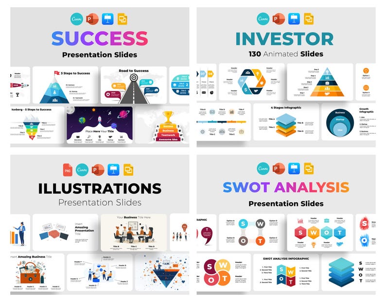 May include: A collage of four presentation slide decks with different themes: Success, Investor, Illustrations, and SWOT Analysis. Each deck features colourful graphics and icons, with titles in bold text.