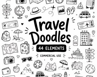Travel Clip Art, Vacation Doodle Cliparts, Adventure Doodles, Digital Download, Commercial Use, 44 Transparent PNG