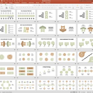 Peut inclure: Un mod&egrave;le de pr&eacute;sentation PowerPoint avec 56 diapositives pr&eacute;sentant divers designs d'infographies. Les diapositives comprennent diff&eacute;rentes formes, couleurs et mises en page pour pr&eacute;senter des donn&eacute;es, des id&eacute;es et des processus. Le mod&egrave;le utilise un style minimaliste avec une palette de couleurs neutres de brun et de vert.