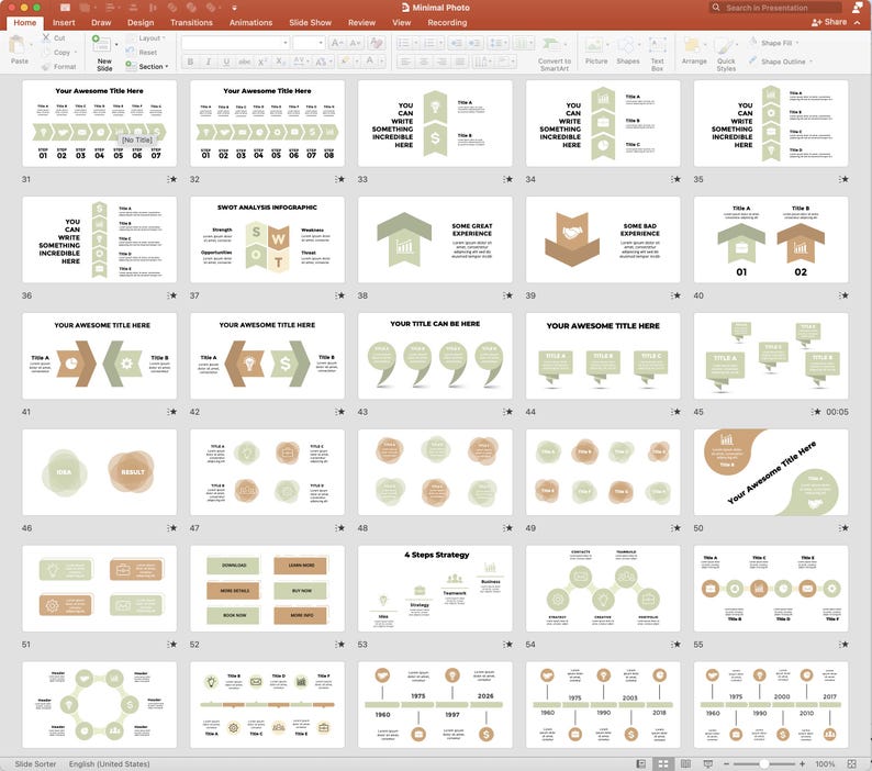 Peut inclure: Un mod&egrave;le de pr&eacute;sentation PowerPoint avec 56 diapositives pr&eacute;sentant divers designs d'infographies. Les diapositives comprennent diff&eacute;rentes formes, couleurs et mises en page pour pr&eacute;senter des donn&eacute;es, des id&eacute;es et des processus. Le mod&egrave;le utilise un style minimaliste avec une palette de couleurs neutres de brun et de vert.