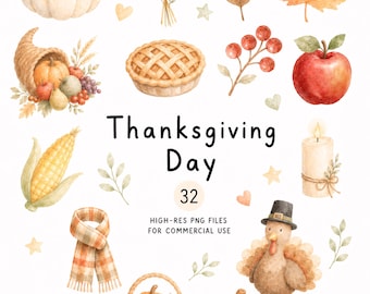 32 Thanksgiving Clipart Set, Boho Watercolor Turkey Pumpkin Cornucopia, Fall Harvest, High-Res Transparent PNG Illustration, Commercial Use