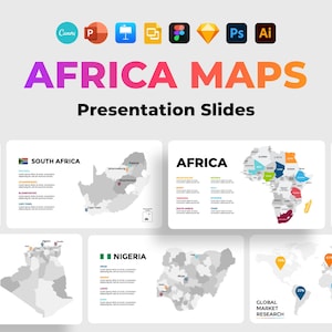 Puede incluir: Una presentación de diapositivas con mapas de África, incluyendo un mapa de todo el continente, Sudáfrica, Nigeria, Argelia y Egipto. Las diapositivas también incluyen un mapa de investigación de mercado global con pines de colores.