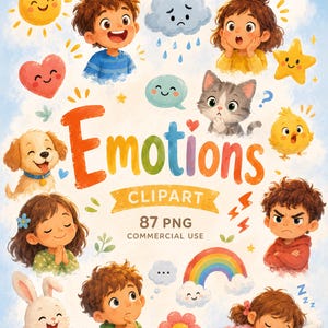 Può includere: Un set di illustrazioni digitali intitolato Emotions CLIPART 87 PNG COMMERCIAL USE con vari personaggi dei cartoni animati, tra cui bambini, un gatto, un cane, un coniglio, un pulcino, un sole, una nuvola, un cuore, una stella, un arcobaleno e un fiore.