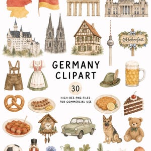 Puede incluir: Una colección de ilustraciones en acuarela que presentan monumentos alemanes como la Puerta de Brandeburgo, el castillo de Neuschwanstein, la catedral de Colonia y el Reichstag, junto a iconos culturales como lederhosen, dirndl, pretzel, jarra de cerveza y un pastor alemán.