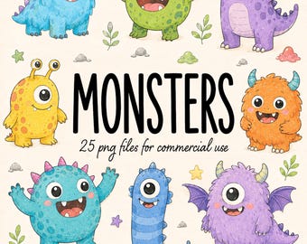 Monstruos adorables, conjunto de imágenes prediseñadas digitales, personajes de monstruos coloridos en acuarela, personajes divertidos, PNG transparente de alta resolución, uso comercial.