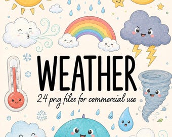 Conjunto de 24 imágenes prediseñadas de clima adorables, acuarela, sol, nubes, arcoíris, lluvia, nieve, iconos de clima kawaii, PNG transparente de alta resolución, uso comercial.