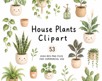 Boho House Plants Clipart, 53 High-Res PNG Clip Art, Commercial Use, Digital Download, Home Botanical Cliparts Bundle