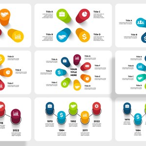 May include: A set of colourful infographic templates with icons and text placeholders. The templates are designed for presentations, reports, and other visual communication needs.