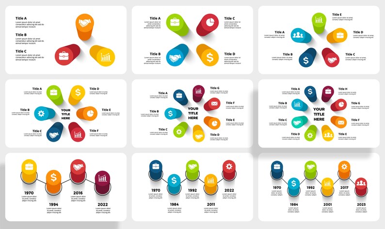 May include: A set of colourful infographic templates with icons and text placeholders. The templates are designed for presentations, reports, and other visual communication needs.