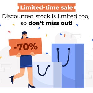 May include: A woman holding a large orange coupon with the text " -70%" in red. She is standing in front of two blue shopping bags with white handles. The background is white with confetti.