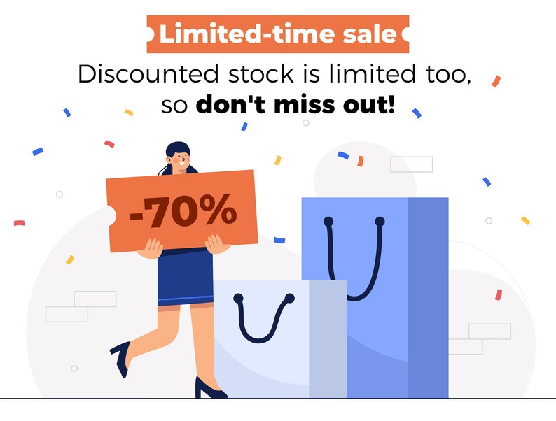 May include: A woman holding a large orange coupon with the text " -70%" in red. She is standing in front of two blue shopping bags with white handles. The background is white with confetti.
