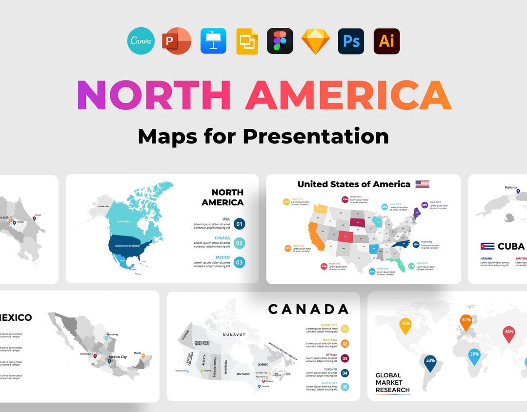 Plantilla de presentación de mapa de América del Norte, EE. UU., PowerPoint  de Estados Unidos, Mapas de países, Canva de Canadá, Diapositivas de  PowerPoint editables de México, Tema de presentación de diapositivas -, image size:1080x845