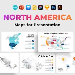 Noord-Amerika, kaartpresentatiesjabloon VS, Verenigde Staten PowerPoint, landenkaarten, Canada Canva, Mexico bewerkbare ppt-dia's, pitchdeck-thema
