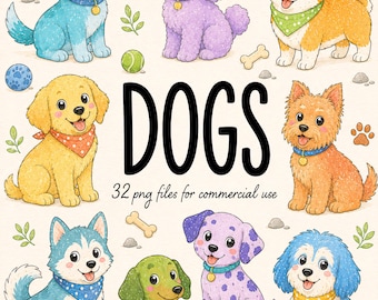 Conjunto de 32 imágenes prediseñadas de perros adorables, cachorros coloridos en acuarela, ilustraciones de cachorros, PNG transparente de alta resolución, uso comercial.