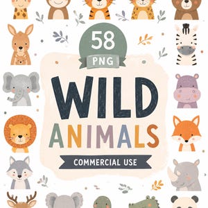 58 imágenes prediseñadas de animales salvajes de safari, imágenes prediseñadas de estilo bohemio y folclórico, lindas criaturas de la jungla, PNG transparente rústico en tonos pastel, descarga digital, uso comercial.