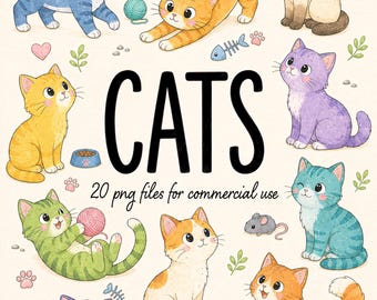 20 imágenes prediseñadas de gatos adorables, gatitos coloridos en acuarela, ilustraciones de gatitos juguetones, PNG de gato transparente de alta resolución, uso comercial.