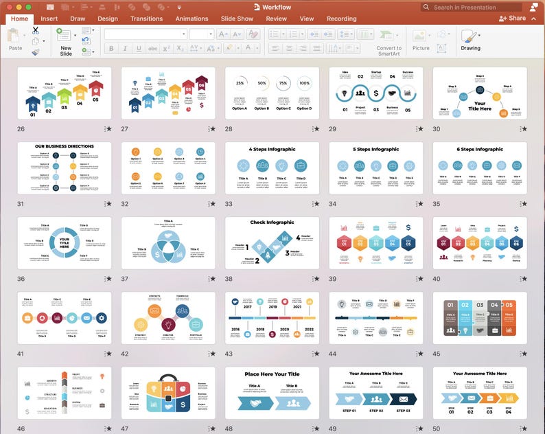 May include: A screenshot of a PowerPoint presentation with various infographic templates. The templates feature different shapes, colors, and layouts, including circles, arrows, lines, and hexagons. The templates are designed for business presentations and include titles such as "Our Business Directions", "4 Steps Infographic", and "6 Steps Infographic".