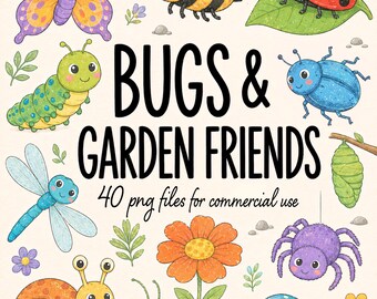 Conjunto de imágenes prediseñadas de insectos y amigos del jardín, lindos insectos en acuarela, mariposa, abeja, mariquita, flores, PNG transparente de alta resolución, uso comercial.