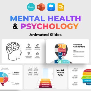 May include: A set of animated slides for a presentation on mental health and psychology. The slides feature colorful illustrations of the brain, a lightbulb, and a puzzle piece. The text on the slides includes the words "Mental Health & Psychology", "Animated Slides", "Your Title Can Be Here", "Mental Health Path", "Balance", "Awareness", "Resilience", "Connection", and "Growth".
