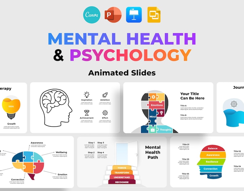 May include: A set of animated slides for a presentation on mental health and psychology. The slides feature colourful illustrations of the brain, a lightbulb, and a jigsaw piece. The text on the slides includes the words "Mental Health & Psychology", "Animated Slides", "Your Title Can Be Here", "Mental Health Path", "Balance", "Awareness", "Resilience", "Connection", and "Growth".