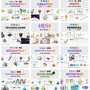 May include: A collage of 12 different PowerPoint presentation templates with animated slides. The templates feature various themes, including 3D infographics, creative, maps, technologies, Easter, minimal, education, medicine & science, agenda, timelines & roadmaps, ecology, and watercolour.
