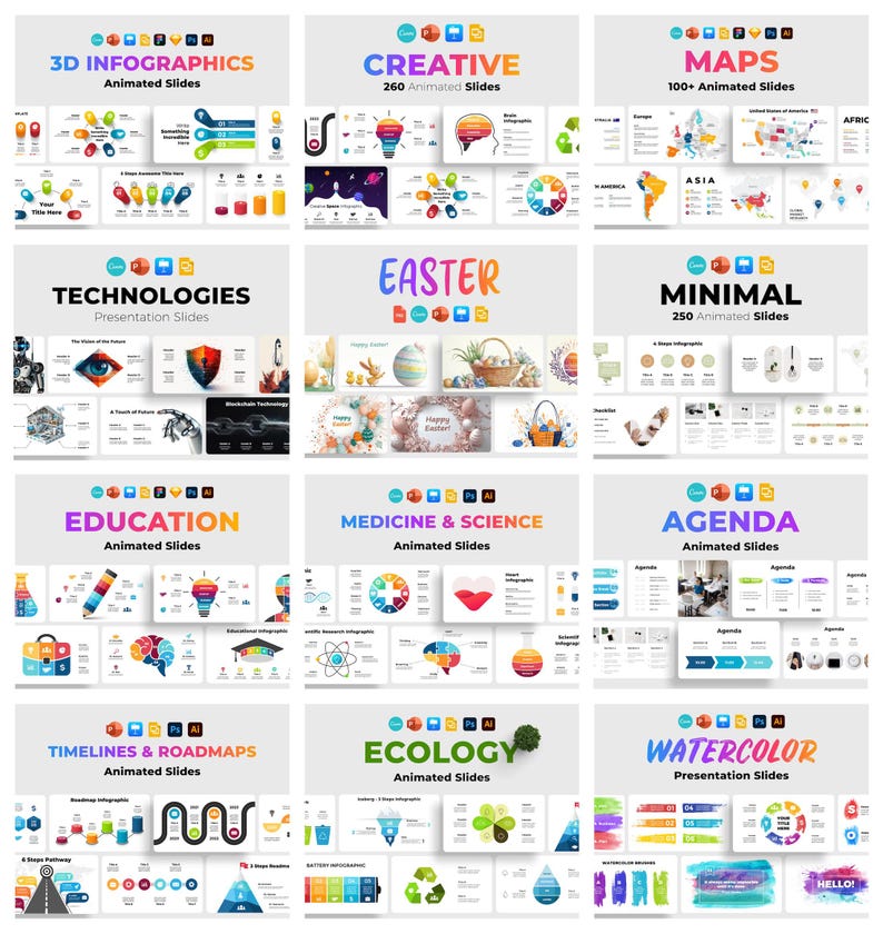 May include: A collage of 12 different PowerPoint presentation templates with animated slides. The templates feature various themes, including 3D infographics, creative, maps, technologies, Easter, minimal, education, medicine & science, agenda, timelines & roadmaps, ecology, and watercolour.