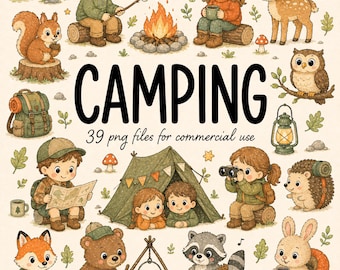 Conjunto de 39 imágenes prediseñadas de campamento, lindos animales del bosque para niños, aventura de campamento estilo acuarela boho, PNG de alta resolución con fondo transparente, uso comercial.
