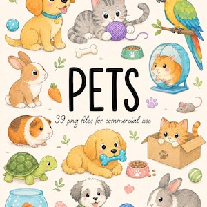 May include: A digital illustration set featuring various pets including dogs, cats, a parrot, a hamster in a wheel, a rabbit, a guinea pig, a turtle, and a goldfish. The text PETS and 39 png files for commercial use are centred among the animals.