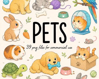 Conjunto de imágenes prediseñadas digitales de mascotas, lindos perros, gatos, conejos y hámsteres en acuarela, divertidos animales bebés, PNG transparente de alta resolución, uso comercial.