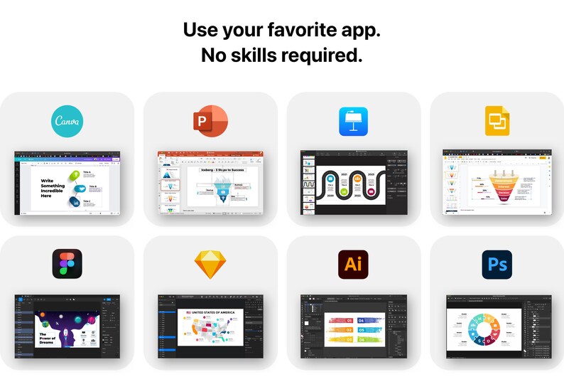 May include: A collage of eight images showing different design software applications, including Canva, PowerPoint, Google Slides, Google Docs, Adobe Fresco, Adobe Illustrator, Adobe After Effects, and Adobe Photoshop. The text "Use your favorite app. No skills required." is displayed at the top of the image.