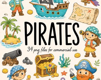 Conjunto de 34 imágenes prediseñadas de piratas adorables, piratas coloridos y divertidos en acuarela, cofre del tesoro y barco, PNG transparente de alta resolución, uso comercial.