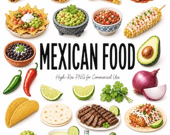 Paquete de 25 imágenes prediseñadas de comida mexicana: tacos, burritos, nachos, quesadillas, enchiladas, aguacate y cactus. Ilustraciones PNG limpias.