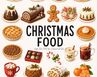 31 imágenes prediseñadas de comida navideña, lindas vacaciones de invierno, pavo, jamón, galletas, pasteles, tartas, cacao, ilustraciones PNG navideñas modernas y limpias