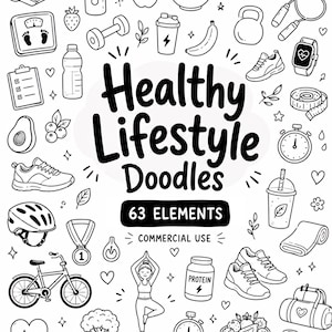 Könnte beinhalten: Eine Sammlung von schwarz-weißen Strichzeichnungen mit Fitness- und Wellness-Symbolen, darunter ein Fahrrad, eine Yoga-Pose, Turnschuhe, Obst, Gemüse und Sportgeräte, mit dem Text Healthy Lifestyle Doodles 63 ELEMENTS COMMERCIAL USE.