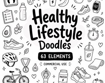 Healthy Lifestyle Clip Art, Fitness Doodle Cliparts, Wellness Doodles, Digital Download, Commercial Use, 63 Transparent PNG