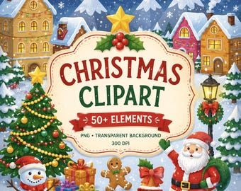 May include: A digital illustration featuring a collection of Christmas-themed graphics including Santa Claus, a snowman, reindeer, a decorated tree, gifts, a gingerbread man, and a mailbox, with the text CHRISTMAS CLIPART 50+ ELEMENTS PNG TRANSPARENT BACKGROUND 300 DPI.