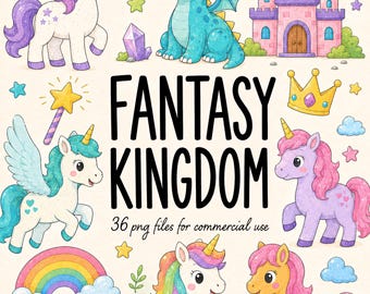 Conjunto de imágenes prediseñadas PNG de Reino de Fantasía, Lindos Unicornios en Acuarela Castillo de Dragón, PNG transparente de alta resolución, Uso comercial